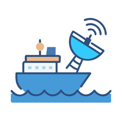 Modern flat illustration of a ship with satellite dish on black background