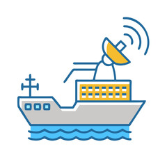 Stylized cargo ship with satellite dish and communication waves on black background