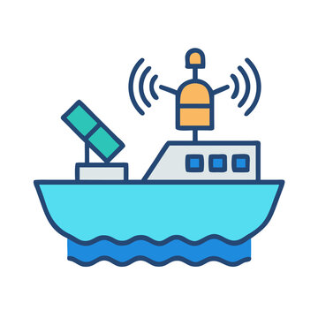 Stylized oceanographic research vessel with antenna on stylized wavy ocean waters.