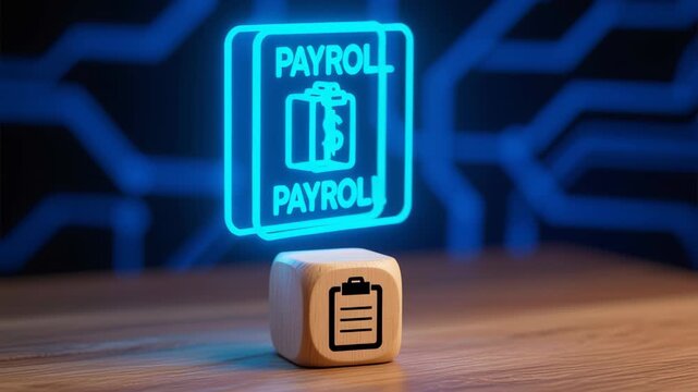 Payroll technology automation online financial management for employee salary processing using efficient digital tools and secure data handling systems with wooden cube and glowing icon