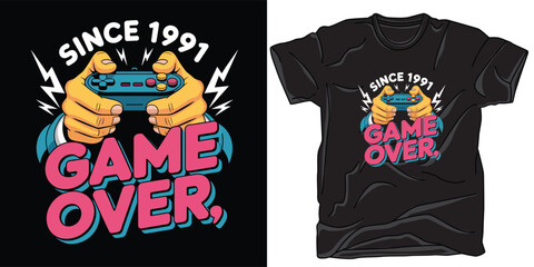 Game over since 1991 retro video game controller t-shirt design. Vintage gaming. Console joystick. Old school player. Arcade classic