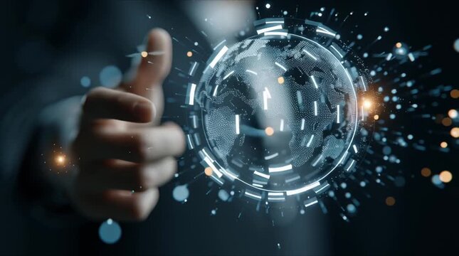 Faceless IT support professional hands interacting futuristic holographic interface, 3D globe glowing network nodes, live technical alerts continents, AI drones managing servers, POV, 4K global video