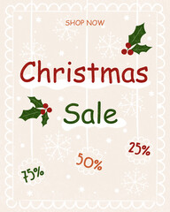 Vintage Christmas Sale Background, Winter Sale Banner, Concept, Holly, Doodle, Simple, Holiday Hanging Decoration