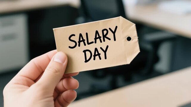 Salary day tag held by employee in office concept representing financial technology automation for online payroll system and employee payment process with hand holding tag