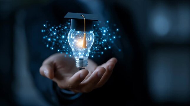 Business hand holding AI light bulb with graduation cap artificial intelligence education interface smart learning visualization online course platform digital transformation