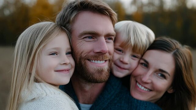 Family enjoying a sunny day outdoors, smiling happily and creating lasting memories together in a beautiful natural setting