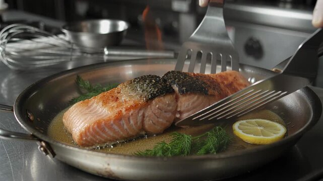 Chef preparing salmon flambe in a pan on a stove, professional cooking seafood dish with flame and smoke.