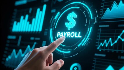 Payroll automation technology enhances financial management allowing employees to access online salary details efficiently with hand finger touchscreen interaction showing business growth and dollar