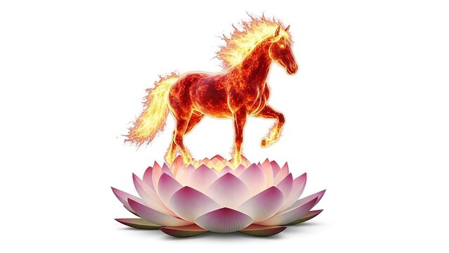Mystical fiery horse standing gracefully on a pink lotus flower against a white backdrop