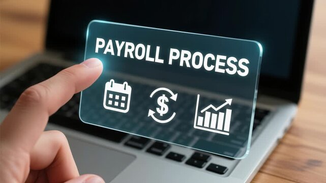Payroll process technology automation online financial employee salary digital screen concept with hand pointing on transparent screen and laptop keyboard background for payroll management