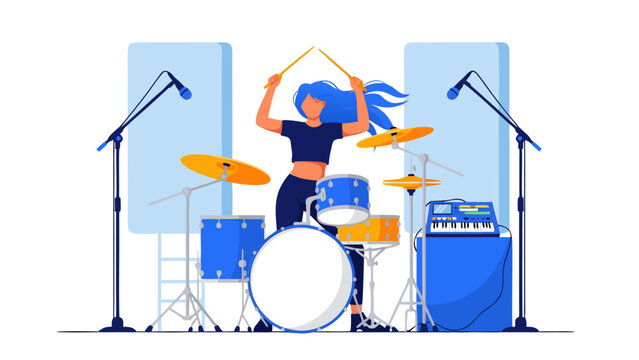 A woman with blue hair energetically playing a drum set on a stage with microphones and speakers.