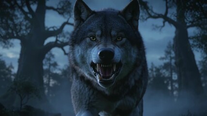 Gray wolf snarling through a dark forest at night. Predation animal wildlife in misty woods with glowing eyes. Hunting wild danger.