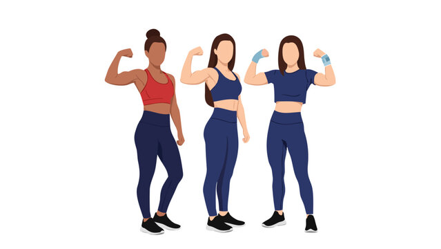 Three women in athletic wear flexing their biceps, showcasing strength and fitness.
