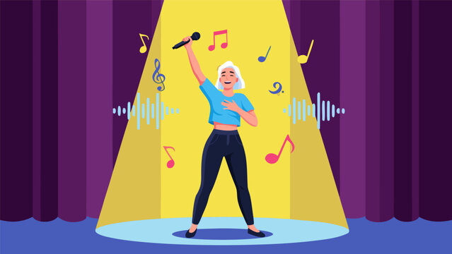 A woman singing enthusiastically on a brightly lit stage with musical notes and sound waves around her.