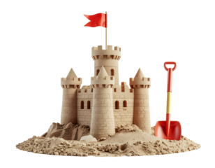 Castle made of sand with red flag and toy shovel on transparent background.