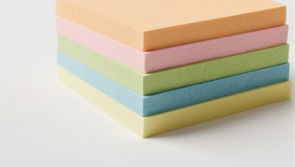 Colorful stack of blank pastel sticky notes on a clean white surface.