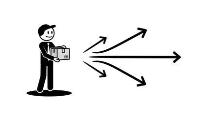  An illustration of a delivery person holding a package with multiple arrows pointing in different directions, symbolizing various delivery options, shipping choices, or distribution channels. 