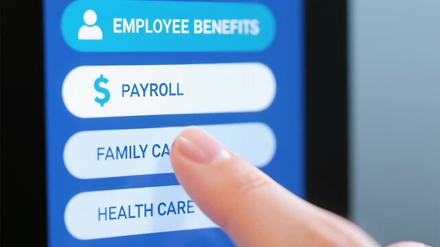 Employee payroll benefits technology automation online financial salary system with finger pointing on digital screen for efficient employee management and salary processing