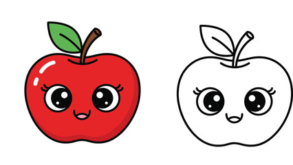 Cute apple cartoon character vector illustration with coloring page outline. Kawaii red fruit mascot and black and white line art for kids educational book isolated on white.