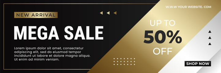 Mega sale banner template with elegant black and gold background, up to 50% off, suitable for sale promotions, e-commerce, marketing ads, events, websites, headers and more