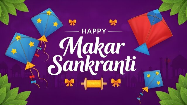 Makar Sankranti Banner with Kites, Golden String Spool, and Leaves on Purple Background