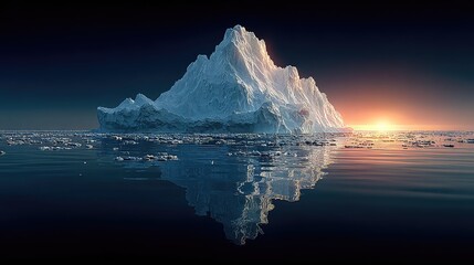 A vast, calm ocean with a single, massive iceberg, showing the small visible part above water and the huge, complex structure below, the iceberg principle in business 