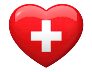 A glossy red heart with a white cross, isolated on a black background