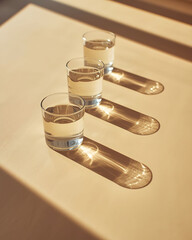 Minimal still life of clear water glasses casting long shadows in warm sunlight, creating a calm modern composition focused on hydration, balance, and simplicity