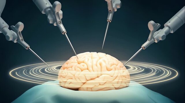 Robotic manipulators performing precise operation on human brain, illustrating the future of neurosurgery, setting highlights machines capability for super-accurate tasks inaccessible to human hands