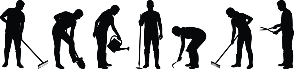 Gardening silhouette vector, people gardening tools, rake shovel hoe, outdoor activity illustration, black flat design, cad drawing flat vector illustration © Mst