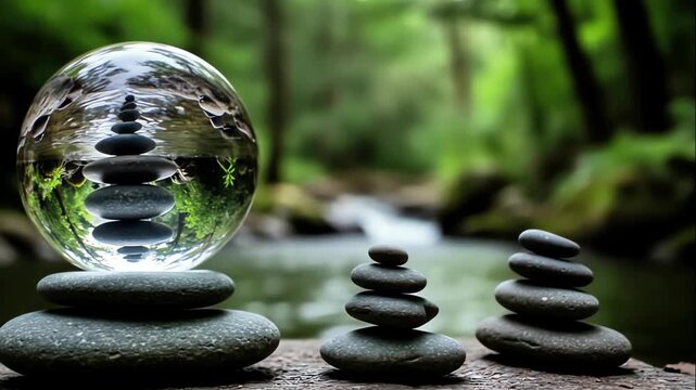 Glass sphere balancing on a pyramid of zen stones near water, reflecting an inverted forest, composition symbolizes tranquility, stability, and mental clarity important for achieving life balance