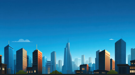 Fototapeta premium Sunlit modern city skyline with glass skyscraper silhouettes against clear blue sky, warm reflections and minimal clouds conveying calm urban morning light and subtle architectural contrast