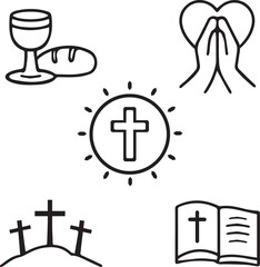 Obraz premium A collection of black and white religious icons including a chalice praying hands cross and bible on transparent background high-quality
