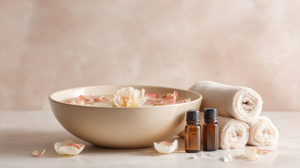 Spa setting with essential oils, flowers, and rolled towels for relaxation. This serene spa scene evokes feelings of peace and tranquility, perfect for promoting wellness and self-care