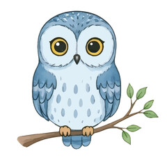 Cute snowy owl sitting on a tree branch illustration