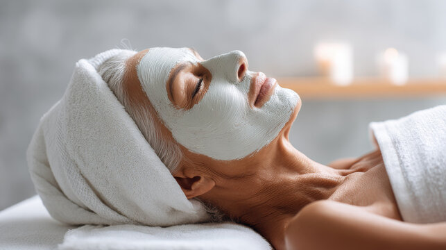 Woman enjoying a spa facial treatment with a rejuvenating face mask. A woman relaxes during a spa day, receiving a facial treatment for skincare and wellness