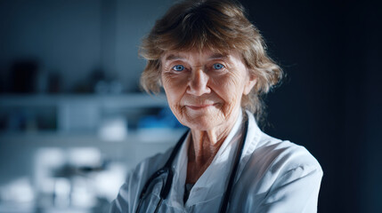 Experienced female doctor with stethoscope smiles confidently at the camera. A portrait of a friendly, older doctor in a medical setting, ready to provide care and support