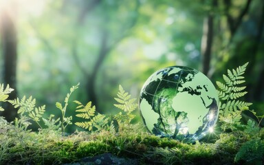 A small translucent green globe rests on mossy ground in a lush forest with sunlight filtering
