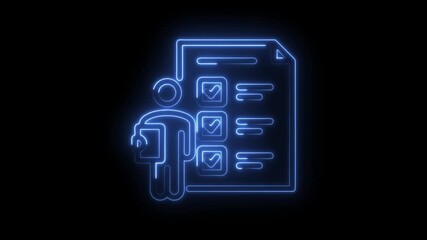 Neon style human figure completing survey questionnaire form with checkboxes on black background