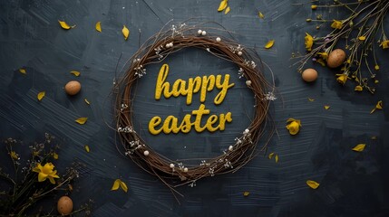 A top-down view of a rustic "Happy Easter" display on a dark, textured background. A thin twig wreath circles yellow cursive text, surrounded by scattered flower petals, small eggs, and sprigs.