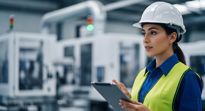 A professional young woman factory worker analyzes data on a tablet amidst advanced machinery, embodying an industrial efficiency concept - Powered by Adobe