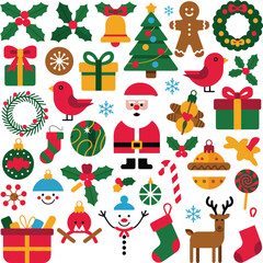 Bright vector collage of Christmas icons featuring Santa, snowman, tree, wreath, bird, candy, stockings, gifts, and festive decoration.