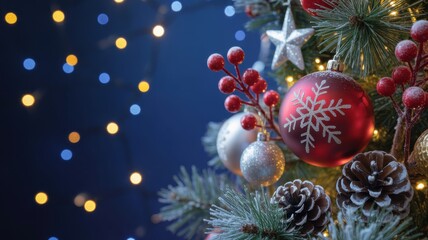 Close up of a decorated Christmas tree with red and silver ornaments and pine cones