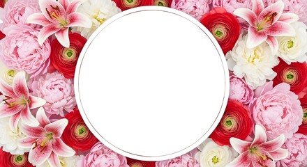 Floral frame with pink and red flowers and white oval center