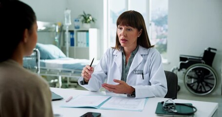 Medical, consultation or people in hospital with paper, diagnosis discussion or support for treatment. Healthcare, doctor or patient in clinic with document, test results or advice in client checkup