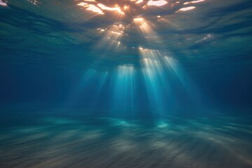 Sunlight rays penetrating clear blue water creating a serene underwater scene with sandy bottom