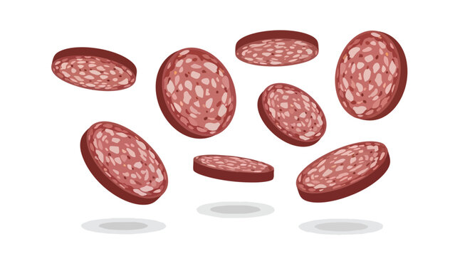 Stylized vector illustration of floating salami or pepperoni slices on a white background, perfect for food themes.