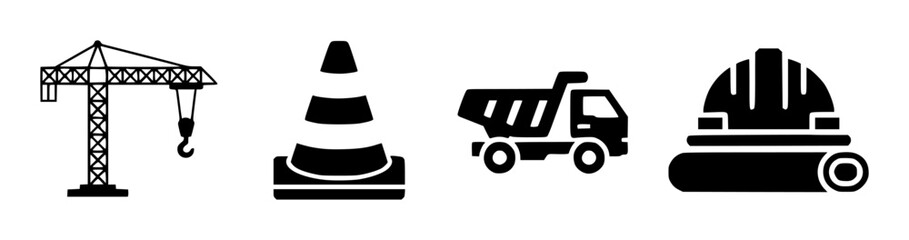 Black silhouette of construction crane traffic cone dump truck and hard hat © simplevector