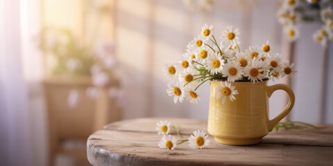 Yellow pitcher vase with white and yellow daisies on a wooden table in a bright room flowers