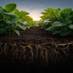 Young soybean plant with visible roots stretching through rich soil at sunrise, healthy green leaves and moist earth creating serene agricultural scene